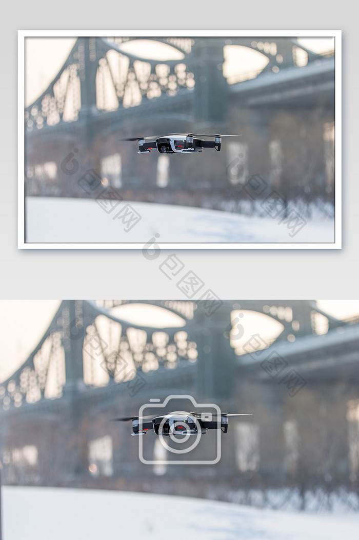 雪地里飞翔的无人机摄影图片