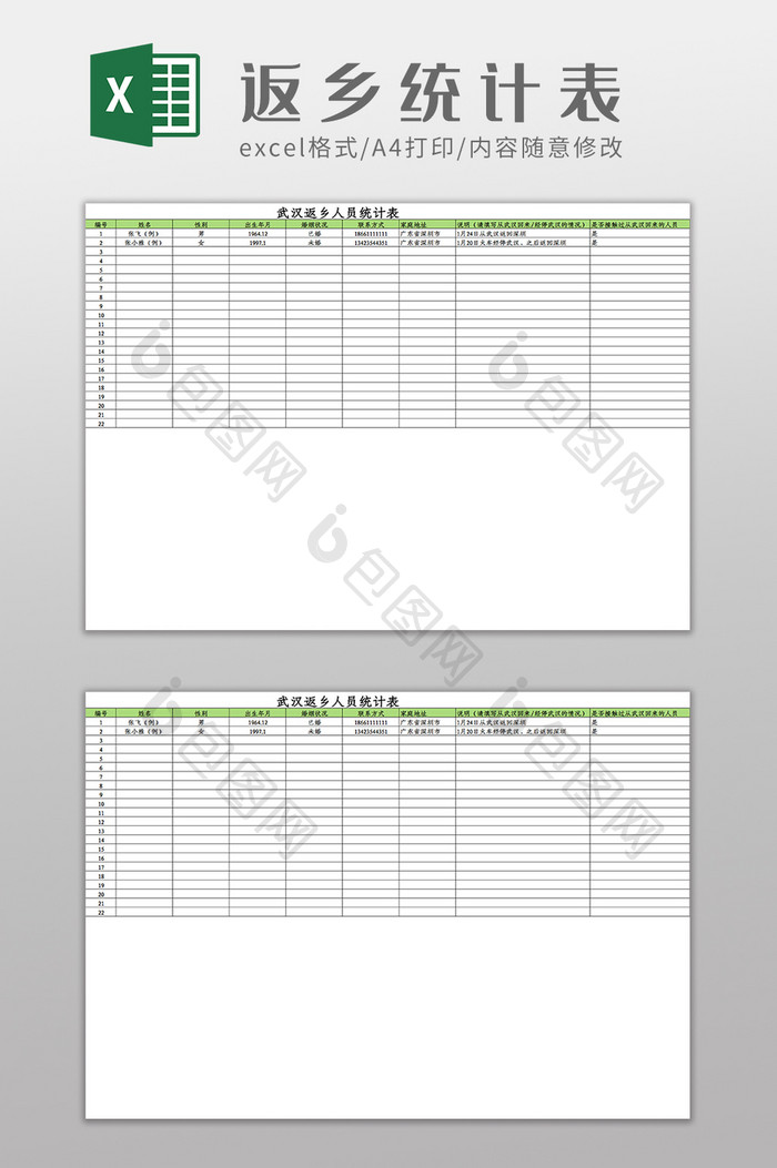 武汉各返乡人员统计表Excel模板