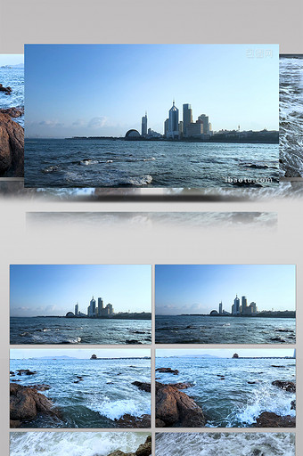山东青岛栈桥海湾高楼大厦海浪岩石实拍素材图片