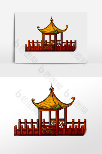 卡通手绘中国风亭子插画元素图片