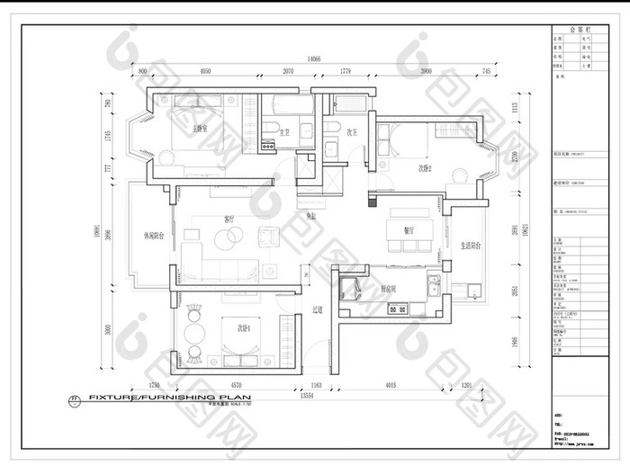 三室两厅户型CAD施工图纸