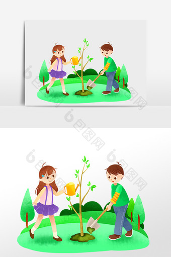 卡通手绘植树节人物插画图片