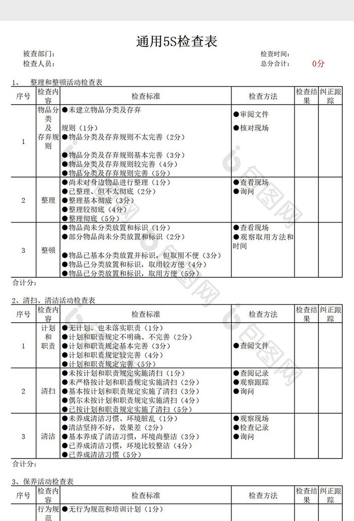 企业通用5S卫生检查表Excel模板