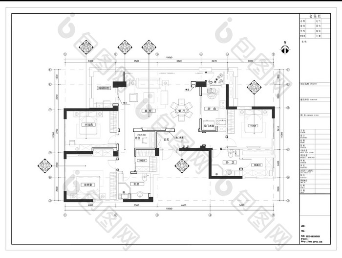 四房大平层户型CAD施工图纸