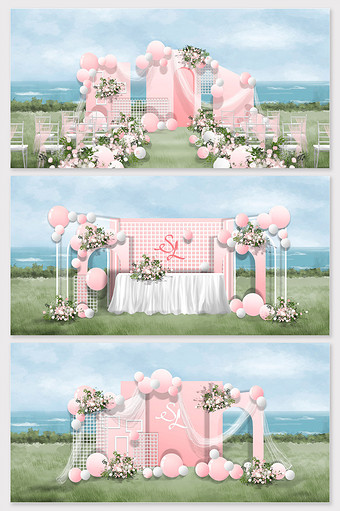 户外粉色ins小清新气球手绘婚礼效果图图片