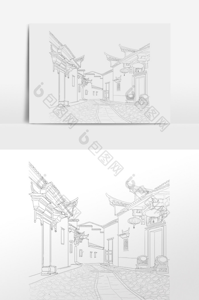 线描中式建筑古街道