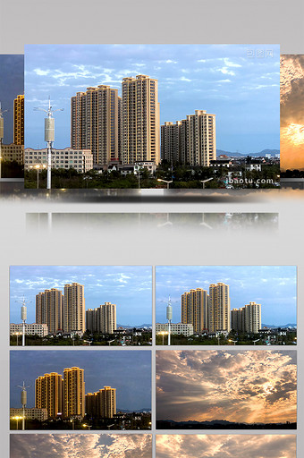 延时城市高楼大厦路灯蓝天日落夕阳云光束图片