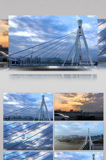 延时浙江鳌江大桥高楼大厦车流夕阳云景观图片