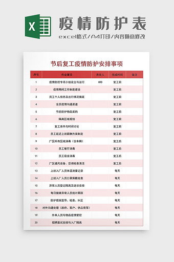 节后复工疫情防护事项Excel模板图片