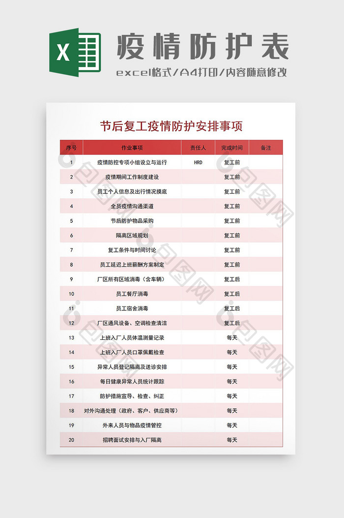 节后复工疫情防护事项Excel模板