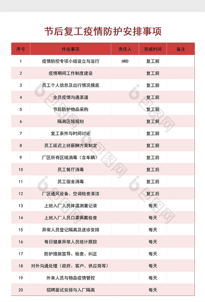 节后复工疫情防护事项Excel模板