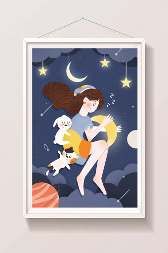 世界睡眠日女孩睡觉晚安治愈创意插画插画原画1024*4575图片素材免费下载-编号1331740-潮点视频