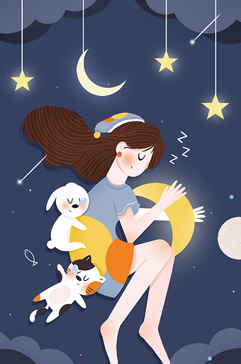 唯美世界睡眠日晚安女孩治愈动态gif插画图片下载