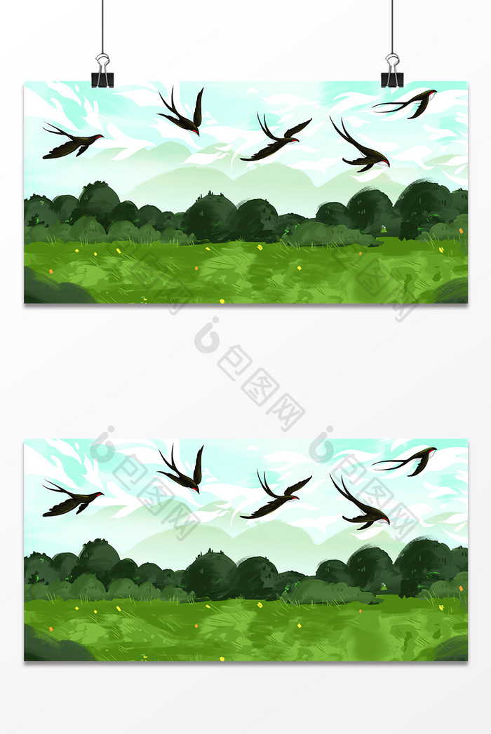 清新春天草地上飞舞的燕子背景
