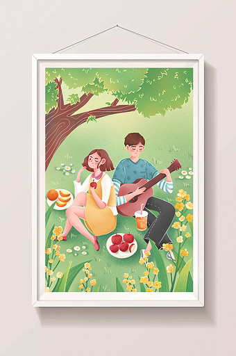 二十四节气之春分情侣草地野餐插画海报图片