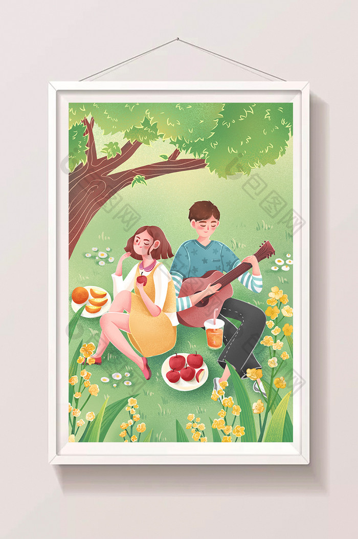 二十四节气之春分情侣草地野餐插画海报