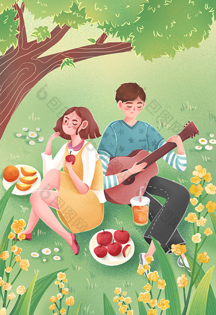 二十四节气之春分情侣草地野餐插画海报