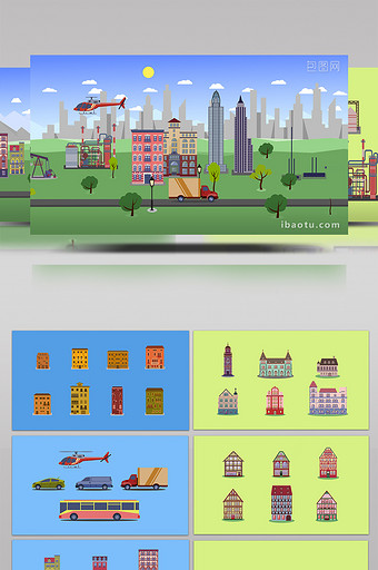 2D城市MG工厂建筑生长动画合集AE模板图片