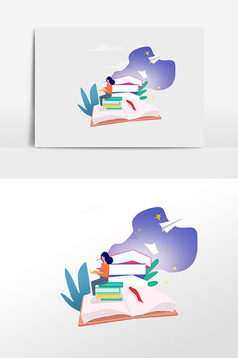 卡通读书日看书女孩