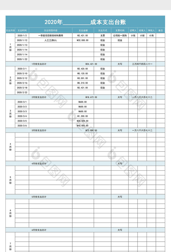 成本支出台账明细表Excel模板