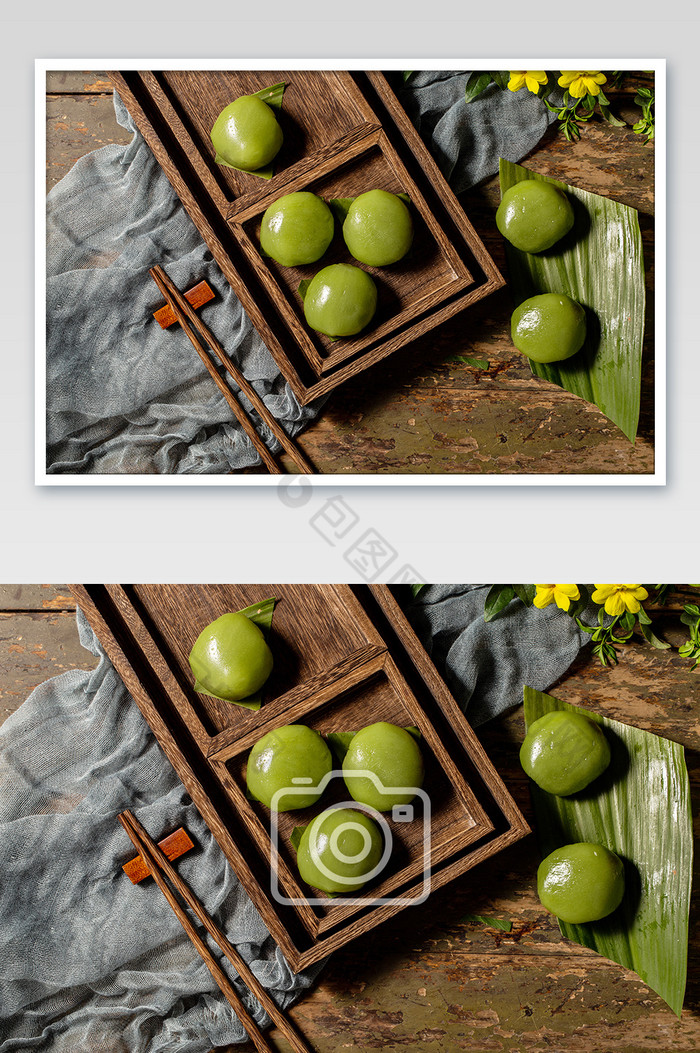 木板背景上的美食小吃青团摄影图图片图片
