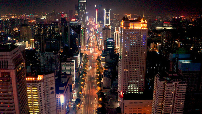 湖南长沙疫情城市交通枢纽夜景航拍