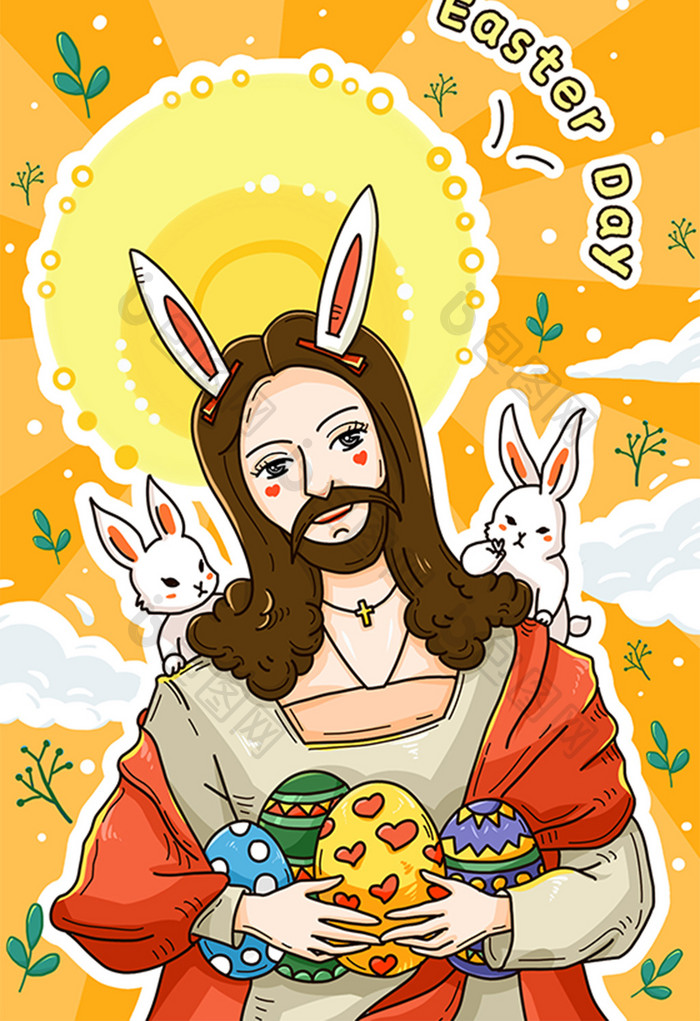复活节戴兔耳朵耶稣插画海报