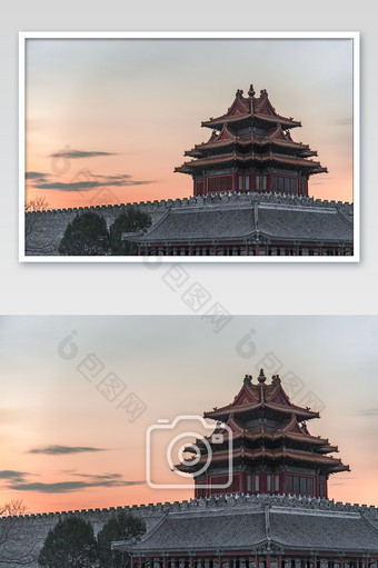 北京传统建筑中国风故宫角楼日出摄影图图片