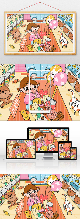 卡通61儿童节逛超市买零食创意插画