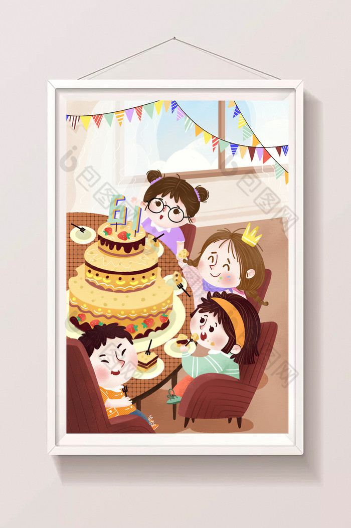 室内餐桌吃蛋糕庆祝六一儿童节插画图片图片