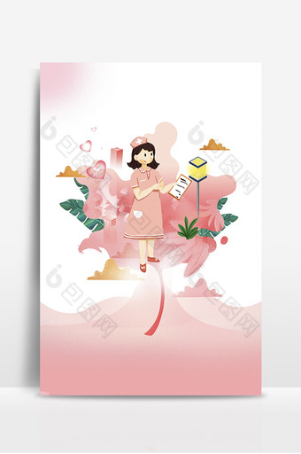 粉色调花丛中的护士背景图片