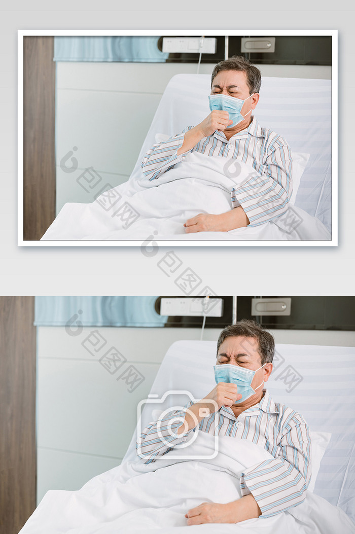 老年男性病患带着口罩咳嗽