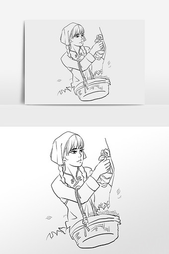 线描茶园采茶姑娘