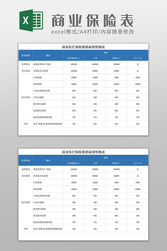 商业医疗保险报销福利明细表Excel模板图片