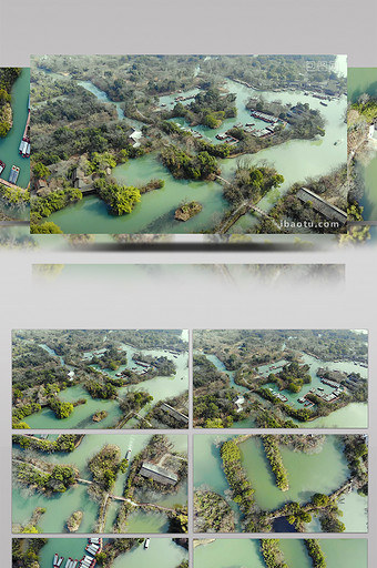 航拍浙江杭州西溪湿地公园河港池塘船舶素材图片