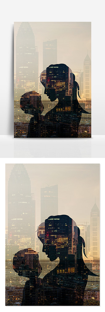 黄色傍晚双重曝光母亲节城市背景