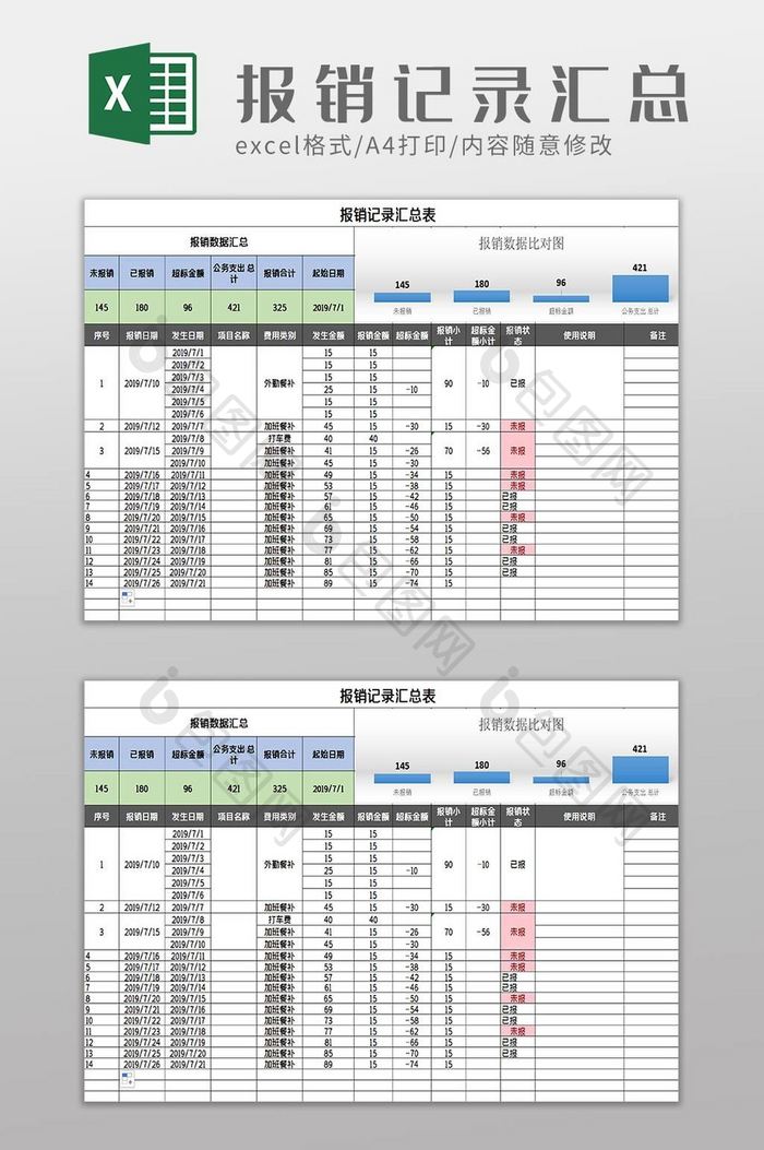 报销记录汇总表excel模板