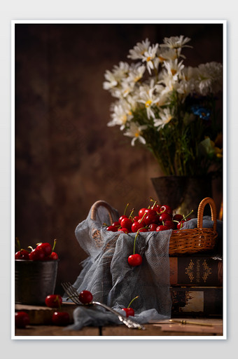 樱桃水果油画风格摄影图图片