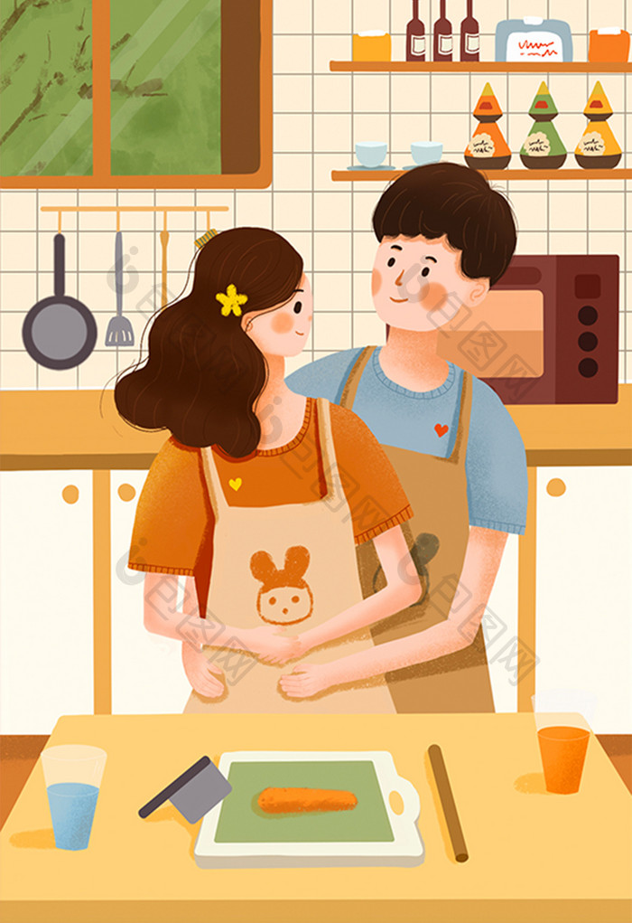 温馨520情人节居家情侣厨房做饭插画