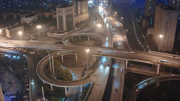 湖南长沙城市交通枢纽夜景航拍