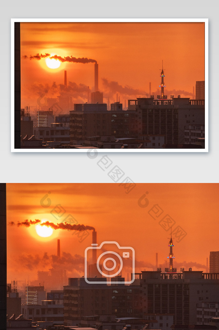 红色化工厂污染晚霞摄影图片
