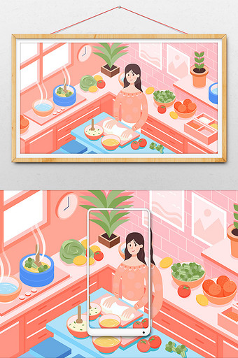 扁平25D健康素食日厨房烹饪美食创意插画图片