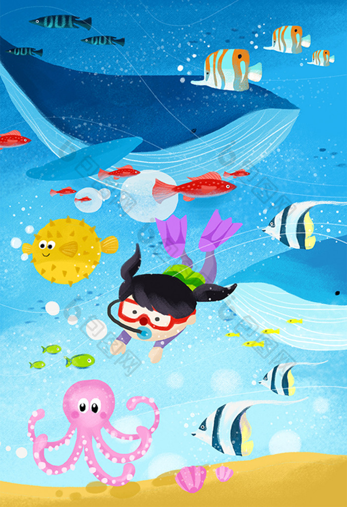 世界海洋日女孩潜水在蓝色海洋插画