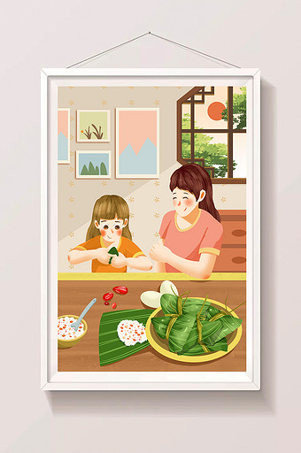 小清新端午节包粽子插画图片