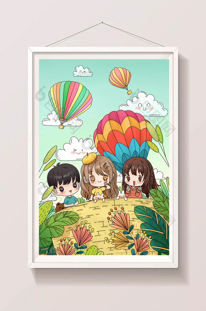 Q版热气球植物六一儿童节插画图片图片