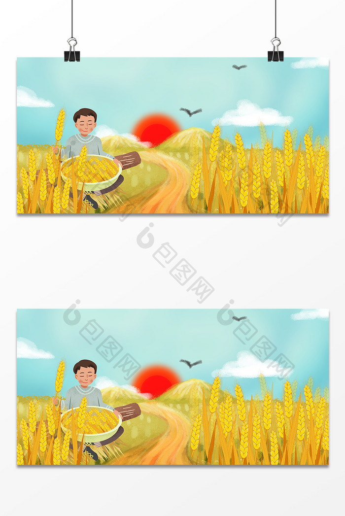 手绘夏季芒种农民丰收搭麦穗背景