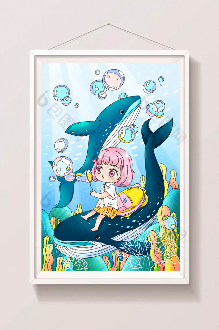 蓝色卡通可爱q版女孩鲸鱼世界海洋日插画 图片下载 包图网