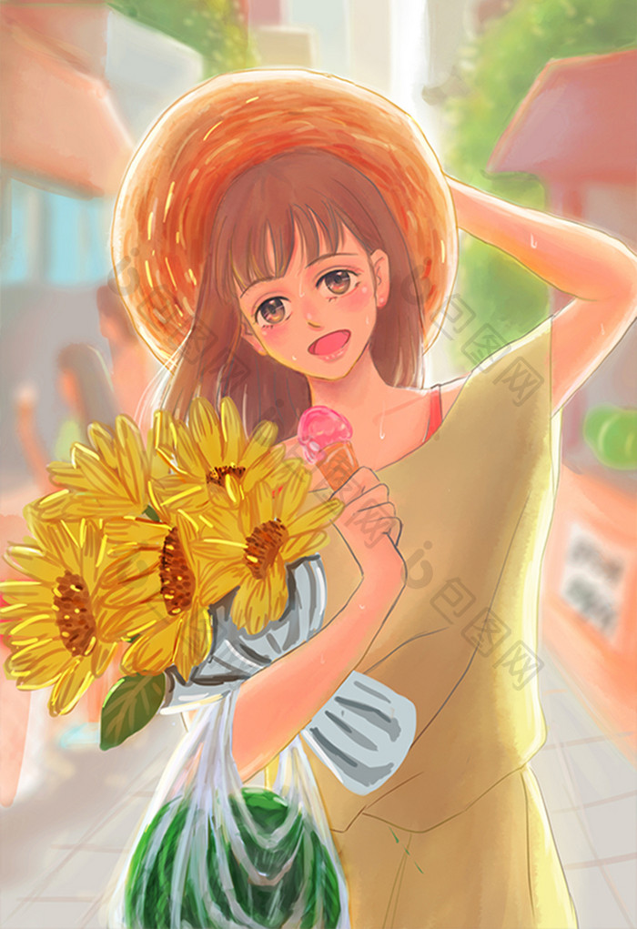 清新唯美水彩风夏至插画