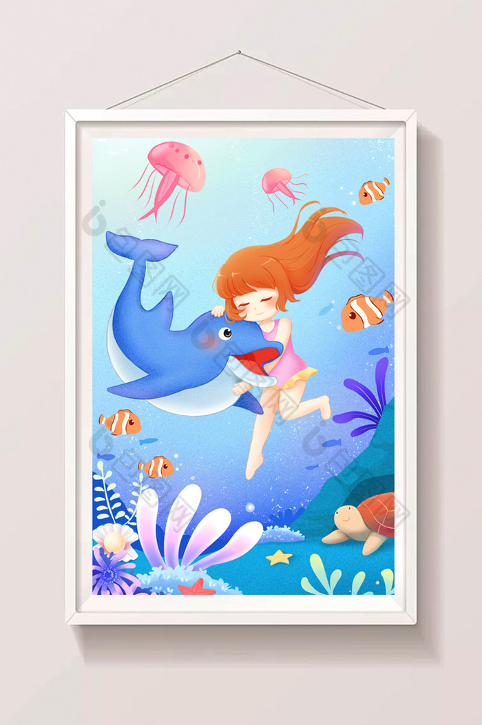海洋日少女海豚畅游插画图片图片