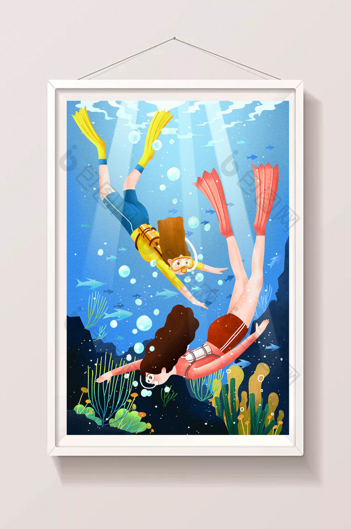 蓝色扁平深海潜水女孩鱼群世界海洋日插画